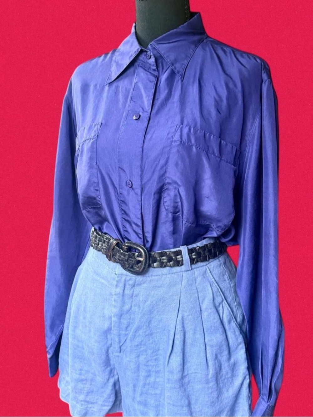 Vintage Silk Vibrant Blue Purple Button-Up Tunic Shirt